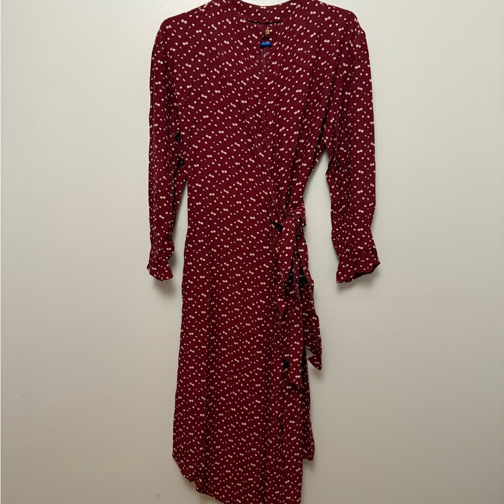 Zara Red with mini white flowers Sleeve Wrap Dress